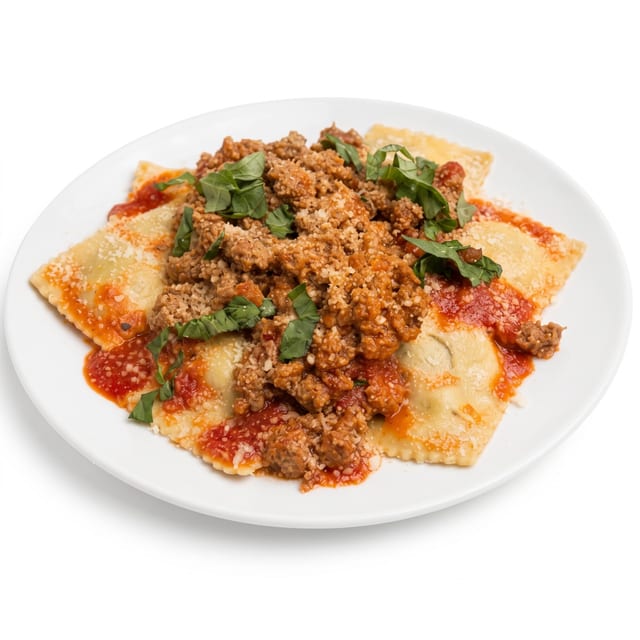 Beef Ravioli with Sausage Ragu.