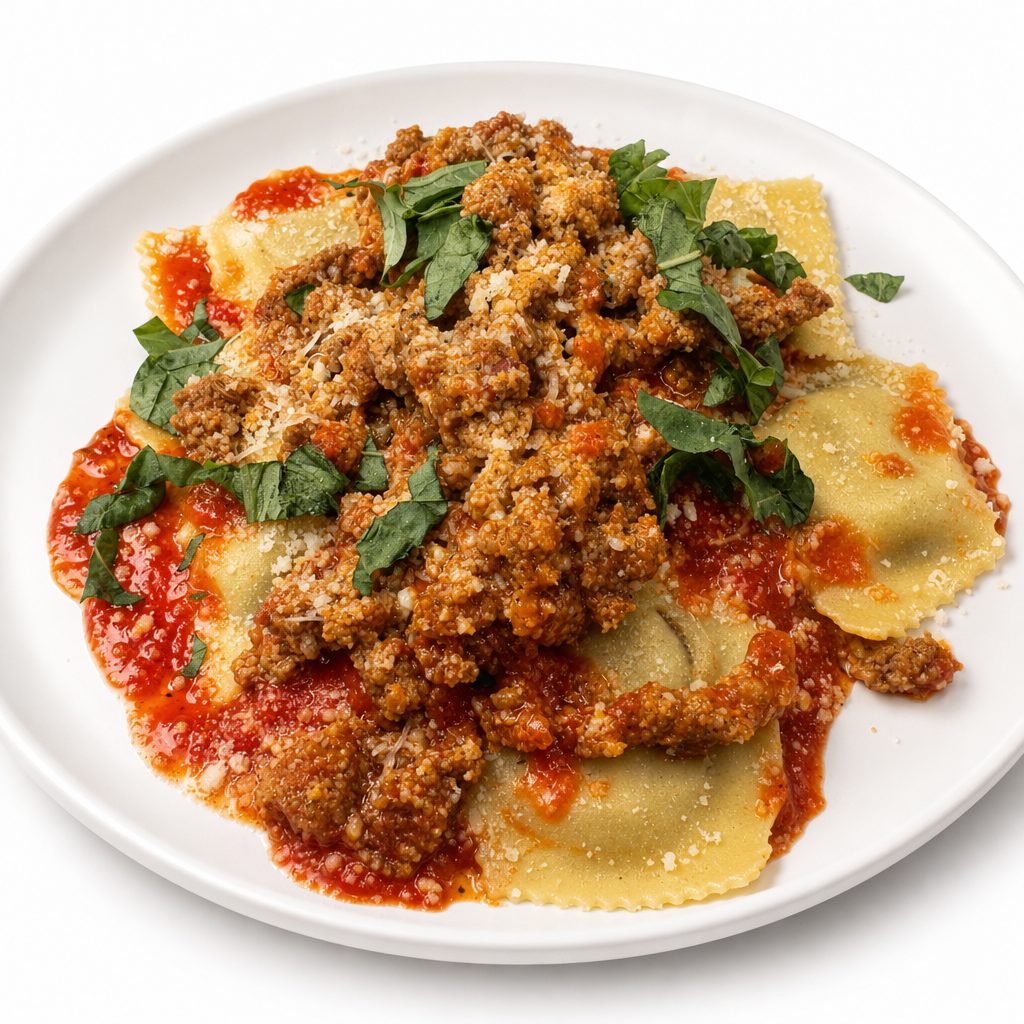 Beef Ravioli with sausage ragu.