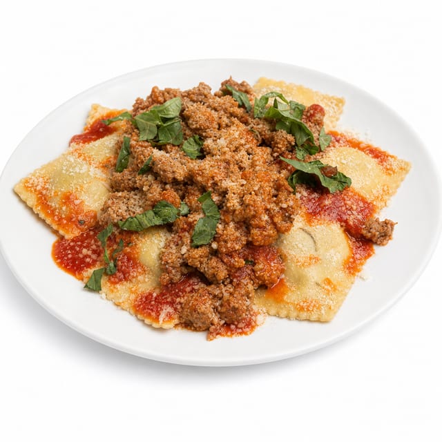 Beef Ravioli with Sausage Ragu.